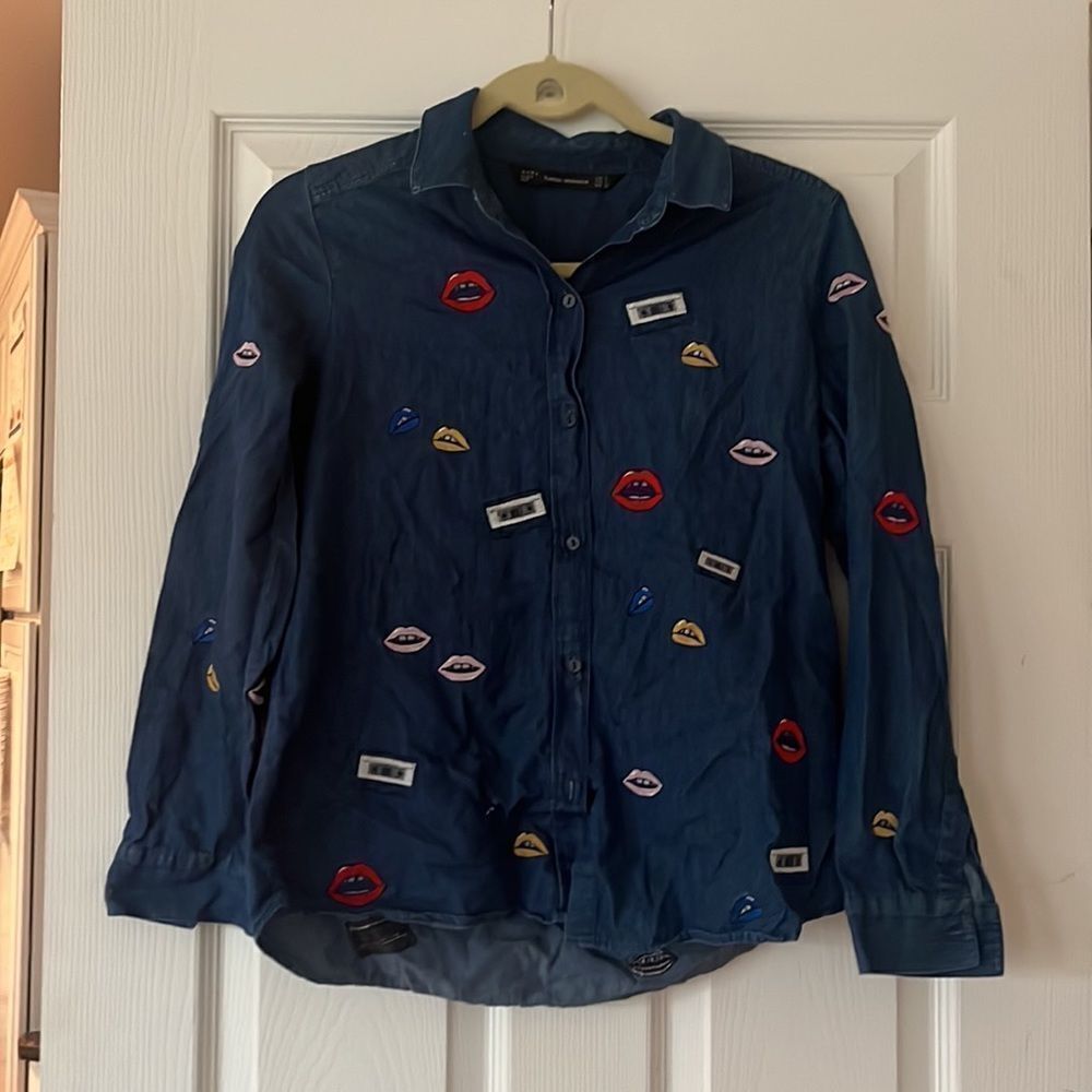 ZARA Novelty Lips Cassette Tape Embroidered Top button down size small